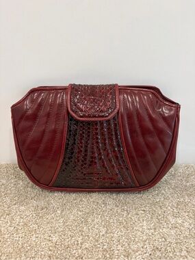 Vintage Barbara Bolan Deep Red Textured Leather Clutch with Snakeskin Accent